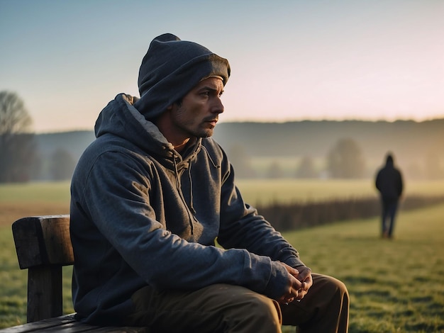 Foto een man zit op de rand van een veld met een hoodie op een wintermorgen