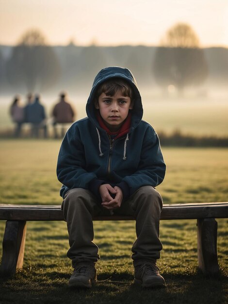 Een man zit op de rand van een veld met een hoodie op een wintermorgen