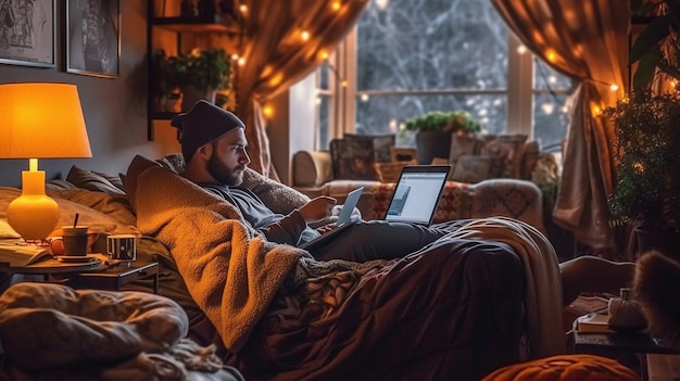 Een man zit op een bank in een woonkamer met een laptop op schoot.