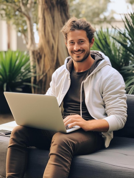 een man zit op een bank met een laptop.