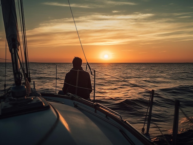Een man zit op een boot voor een zonsondergang