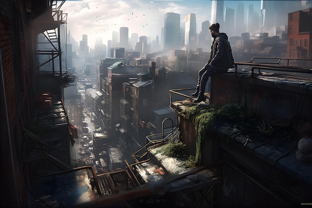 Een man zit op een dak en kijkt uit over een stad.