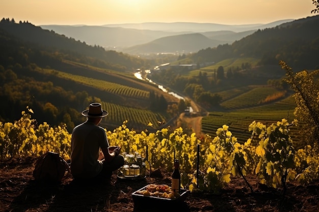 Een man zit op een heuvel met uitzicht op een wijngaard