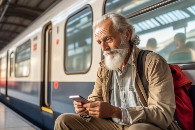 Een man zit op een platform met een telefoon in zijn hand