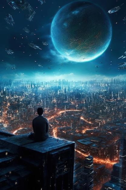 Een man zit op een richel en kijkt naar een planeet met een planeet op de achtergrond.