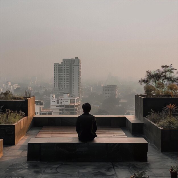 een man zit op een richel met een uitzicht op de stad
