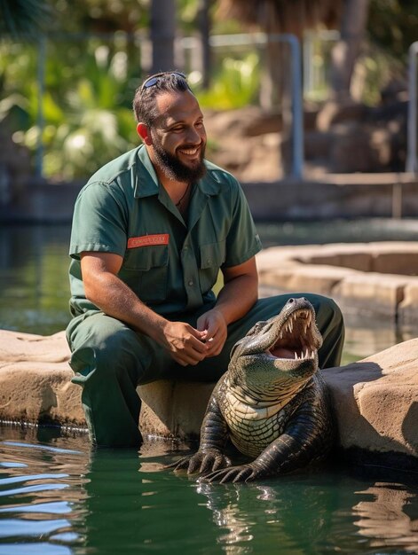 een man zit op een rots naast een krokodil