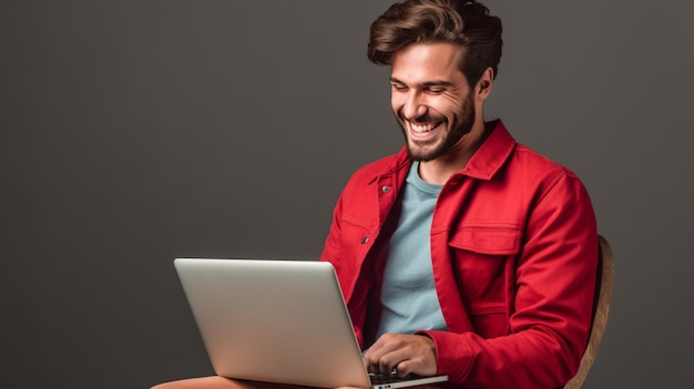 Een man zit op een stoel en lacht naar een laptop.