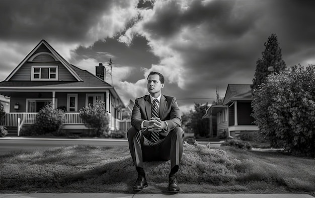 Een man zit op een stoeprand voor een huis met een bewolkte lucht achter hem.