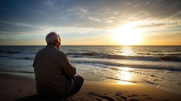 Een man zit op een strand naar de zonsondergang te kijken.