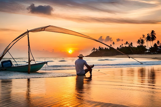 Een man zit op een strand voor een zonsondergang met een boot op de achtergrond.