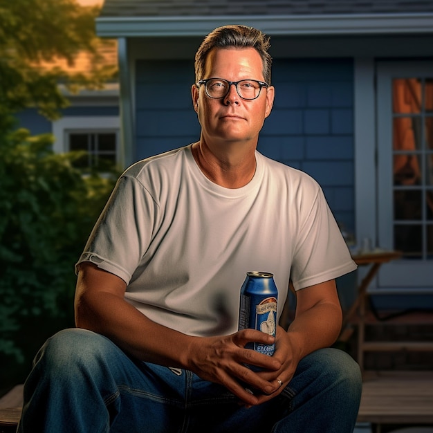 Een man zit op een veranda met een bierbottel in zijn hand.