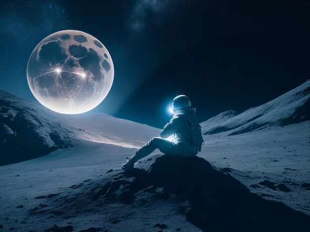 Een man zit op het verlichte oppervlak van de maan