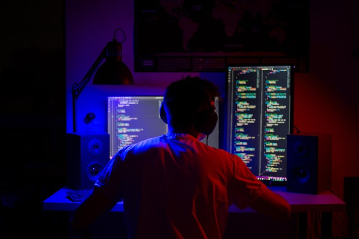 Een man zit 's nachts aan een computer in een kamer aan een tafel met blauwe verlichting en programma's