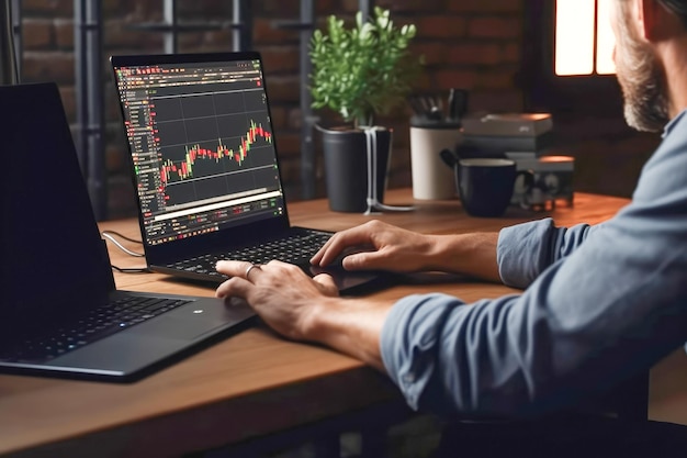 Een man zit thuis aan een tafel en werkt op een laptop op een cryptocurrency exchange