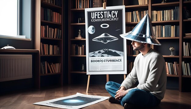 Foto een man zit voor een boek met een poster van ufo's hij draagt een metalen hoed samenzwering