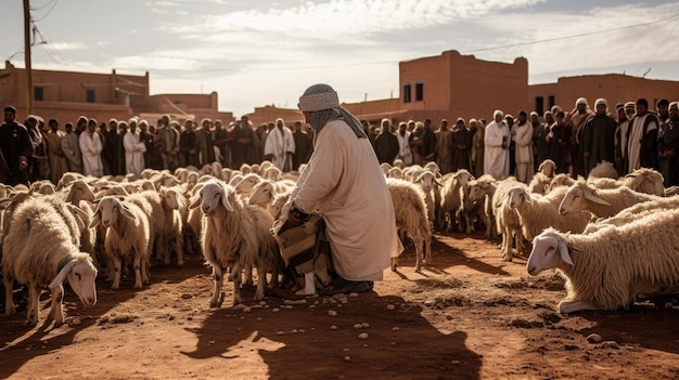 een man zit voor een kudde schapen.