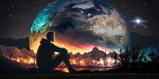 Een man zit voor een planeet met de planeet aarde op de achtergrond