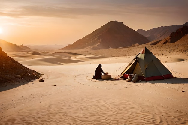 Een man zit voor een tent in de woestijn.