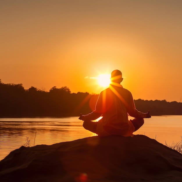 Een man zit yogapositie bij zonsondergang generatieve AI