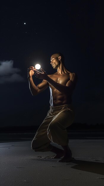 Foto een man zonder shirt met een licht in zijn hand