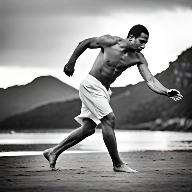 Een man zonder shirt staat op een strand.