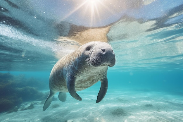 Een manat zwemt onder water in de oceaan