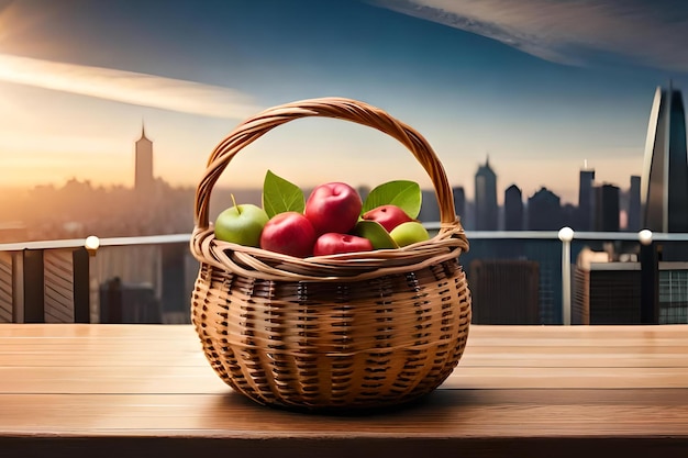 Een mand appels op een balkon met een stadsgezicht op de achtergrond