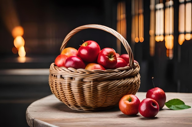 Een mand appels op tafel met een mand appels op tafel