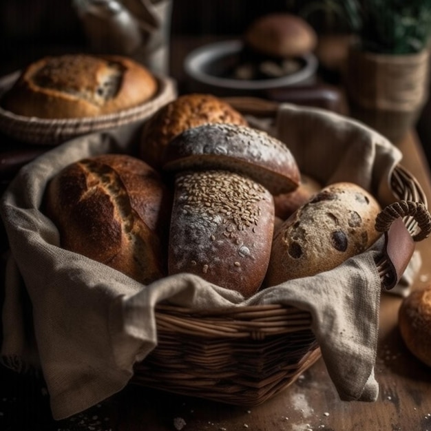 Een mand brood met brood op tafel.