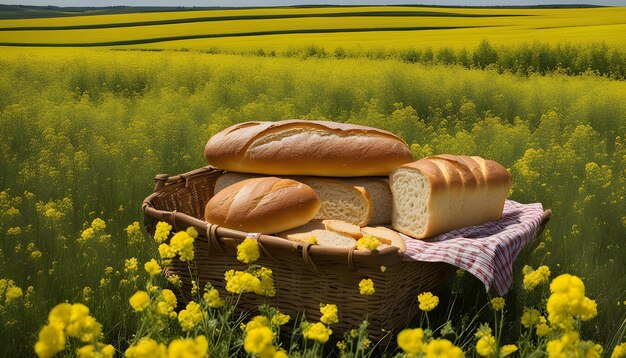 Foto een mand brood met een gele achtergrond met een gele bloem in het midden