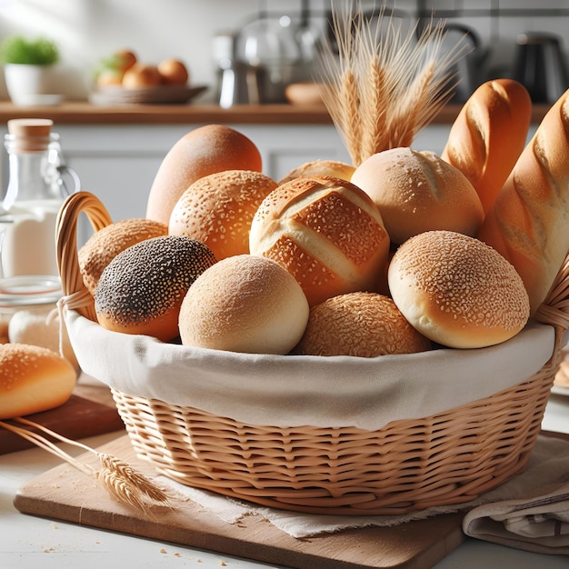 Een mand broodrollen op een witte keukentafel