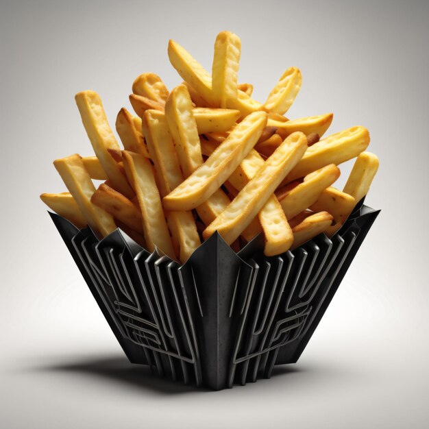 Foto een mand friet met een zwarte bak friet.