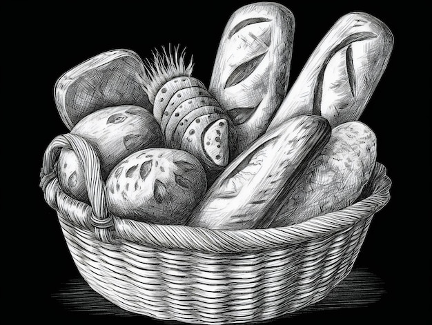 Een mand gevuld met verschillende soorten brood een houtskooltekening AI gegenereerd AI generatieve AI generativ