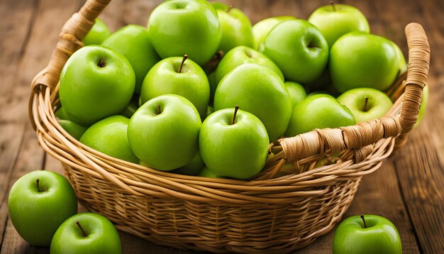 een mand groene appels met een mand appels op de achtergrond