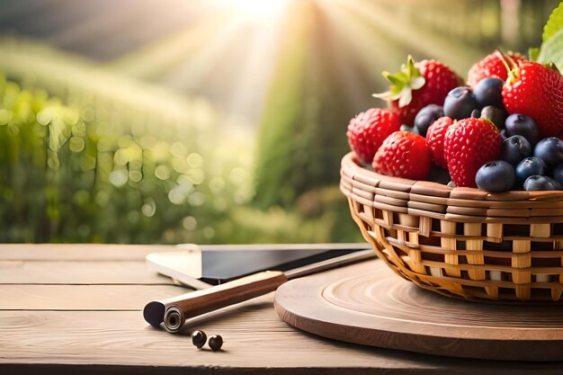 Een mand met aardbeien en bosbessen staat op een tafel voor een veld.