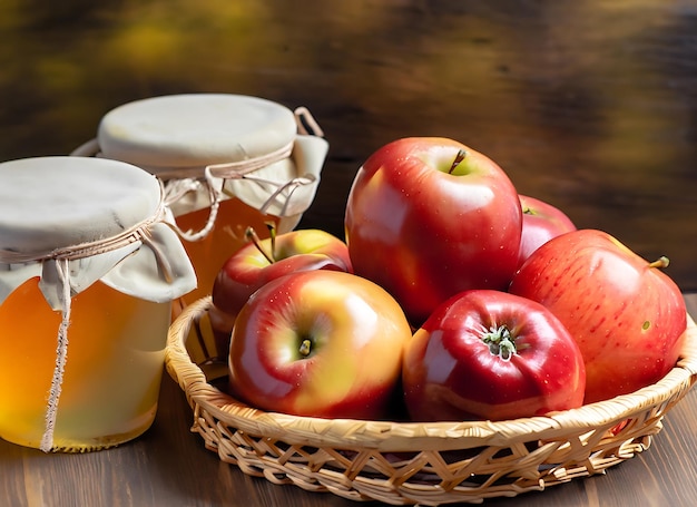 Een mand met appels en honing op een tafel.