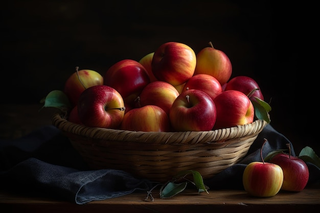 Een mand met appels met bladeren op tafel