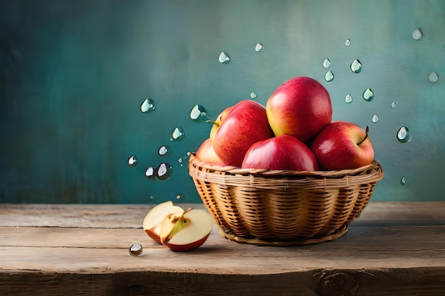 Een mand met appels met waterdruppels op de achtergrond.