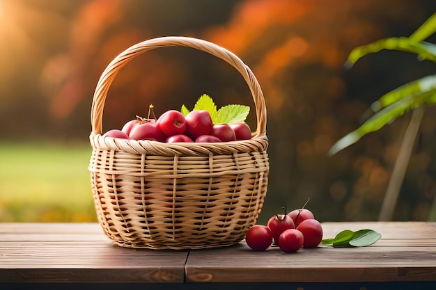 Een mand met appels op een tafel met een blad op tafel