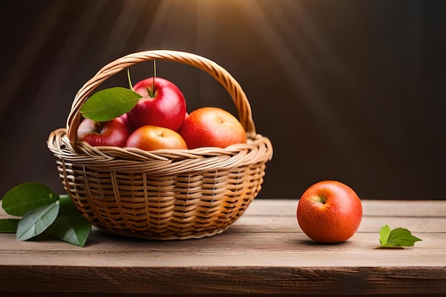 Een mand met appels op een tafel met een donkere achtergrond