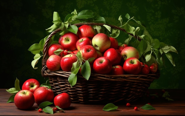 Een mand met appels op een tafel met een groene achtergrond