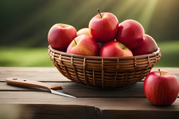 Een mand met appels op een tafel met een mes ernaast