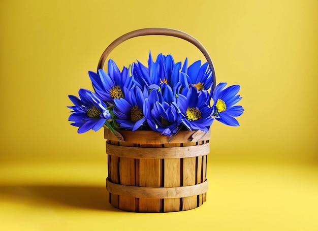 Een mand met blauwe bloemen staat op een gele achtergrond.