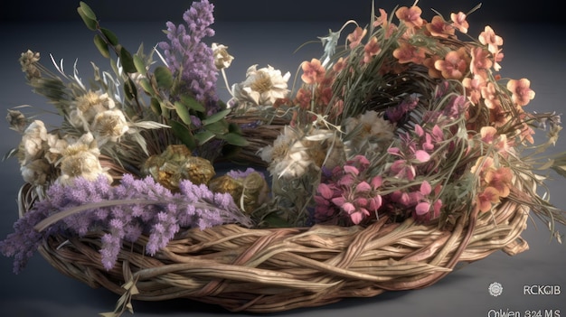 Een mand met bloemen bloesems wordt weergegeven op een tafel Kleurrijke bloemen