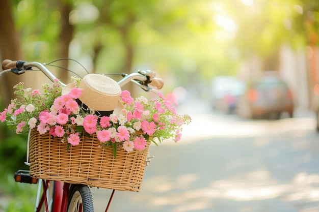 een mand met bloemen en een hoed op een fiets