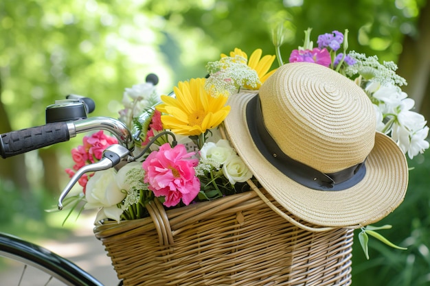 een mand met bloemen en een strohoed op een fiets