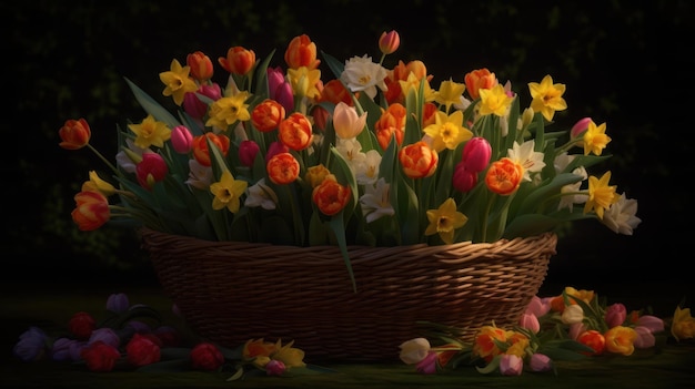 Een mand met bloemen met daarin een bos bloemen