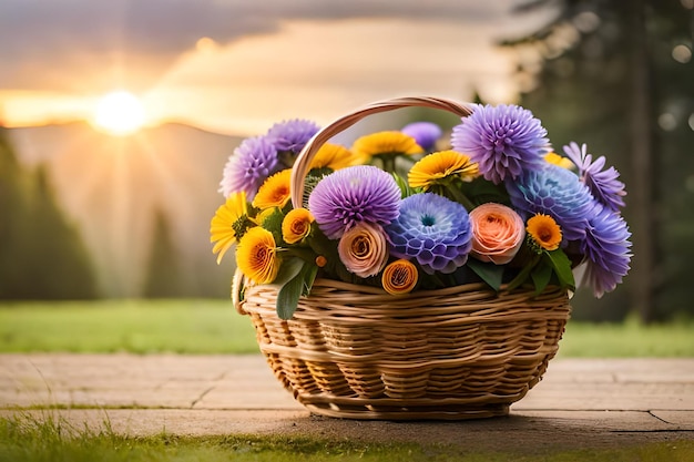 Een mand met bloemen met de zon erachter