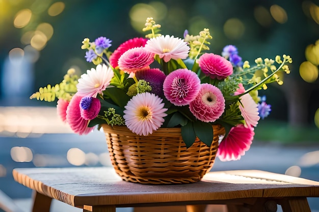 een mand met bloemen met een gele en roze achtergrond.